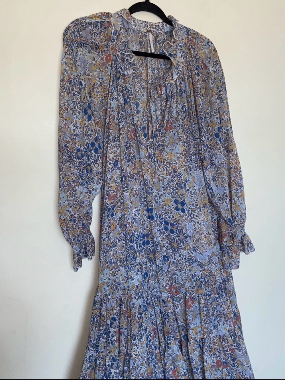 Free People Feeling Groovy Boho Maxi Dress Sz L Sheer Flowy Ruffle Beach Tiered - Picture 3 of 13